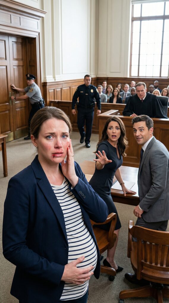 I walked into court eight months pregnant, thinking the worst thing I’d face was a divorce. Then my CEO husband smirked beside his mistress and hissed, “You’re nothing—sign the papers.” She leaned in and slapped me so hard I tasted blood. “Cry louder,” she laughed, “maybe the judge will pity you.” I looked up at the bench—and the judge’s eyes locked onto mine. “Order,” he said, voice shaking. “Bailiff… close the doors.”