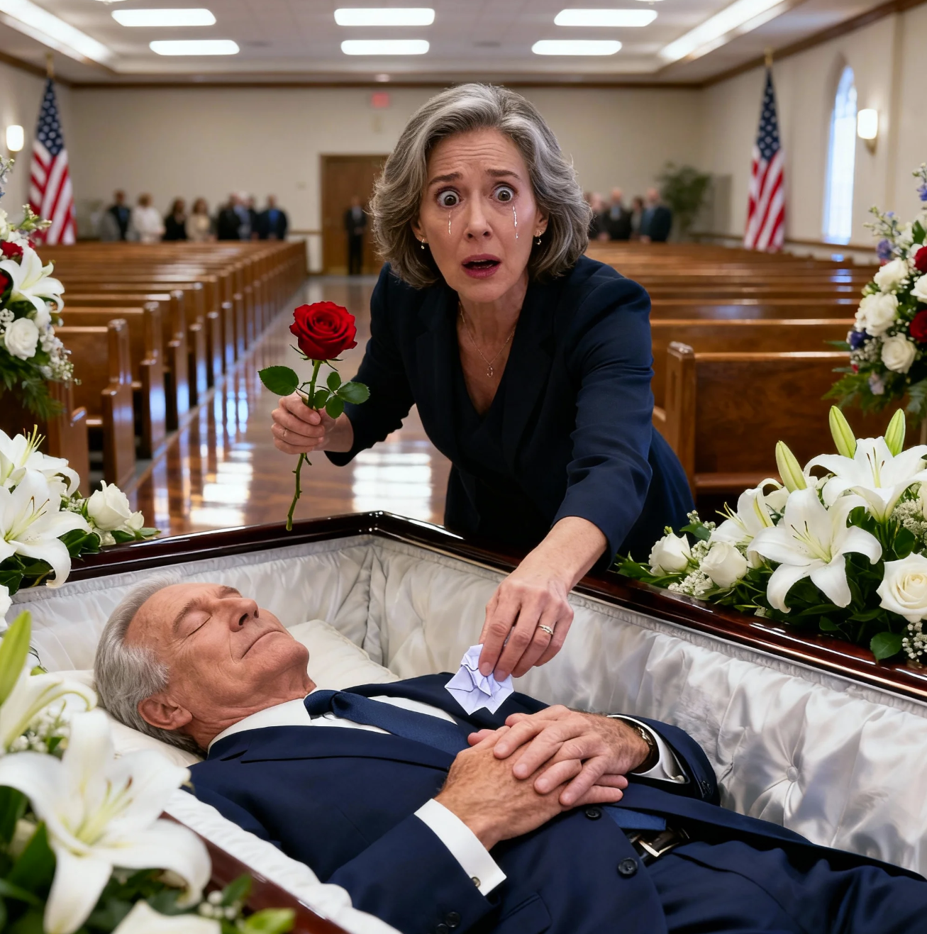At My Husband’s Funeral, I Opened His Casket to Place a Flower — and Found a Crumpled Note Tucked Under His Hands