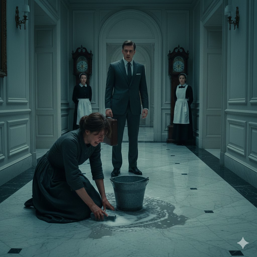 I returned home early to surprise my wife, eight months pregnant, and instead found her on her knees scrubbing the floor while my staff looked on. What I uncovered afterward wasn’t just shocking—it completely shattered everything I thought I knew.