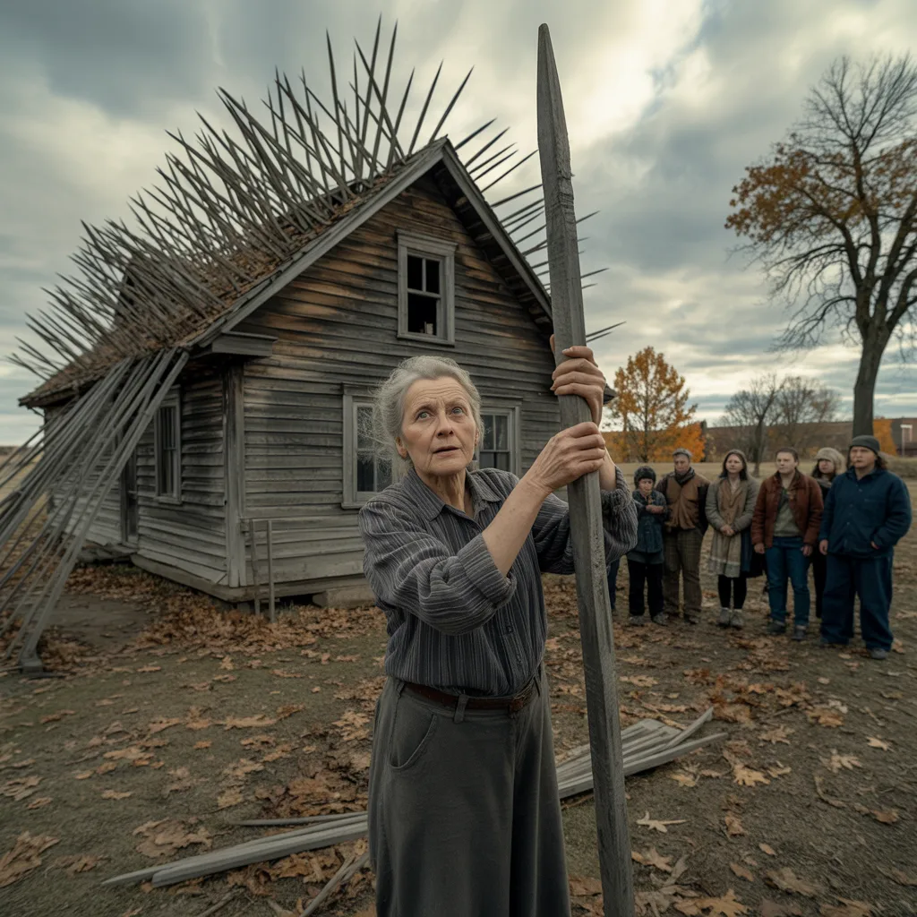 An elderly woman spent the whole summer and autumn fixing sharp wooden stakes across her roof. Neighbors were convinced she’d lost her sanity… until winter finally arrived.