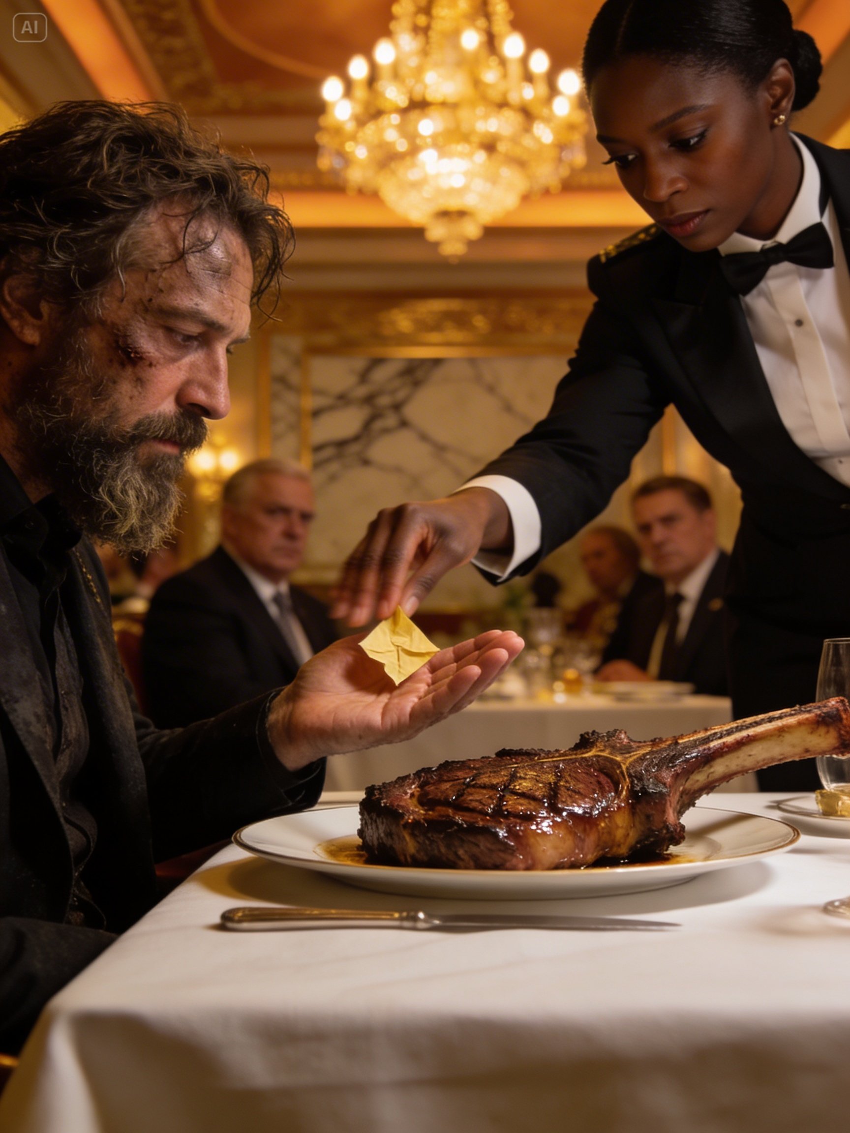 A billionaire disguised as a homeless man walked into a luxury restaurant and ordered the most expensive steak on the menu just to see the true faces of those in power. He was humiliated, threatened, and quietly set up for something far worse. When the steak was placed before him, a black waitress silently slipped a small piece of paper into his hand.