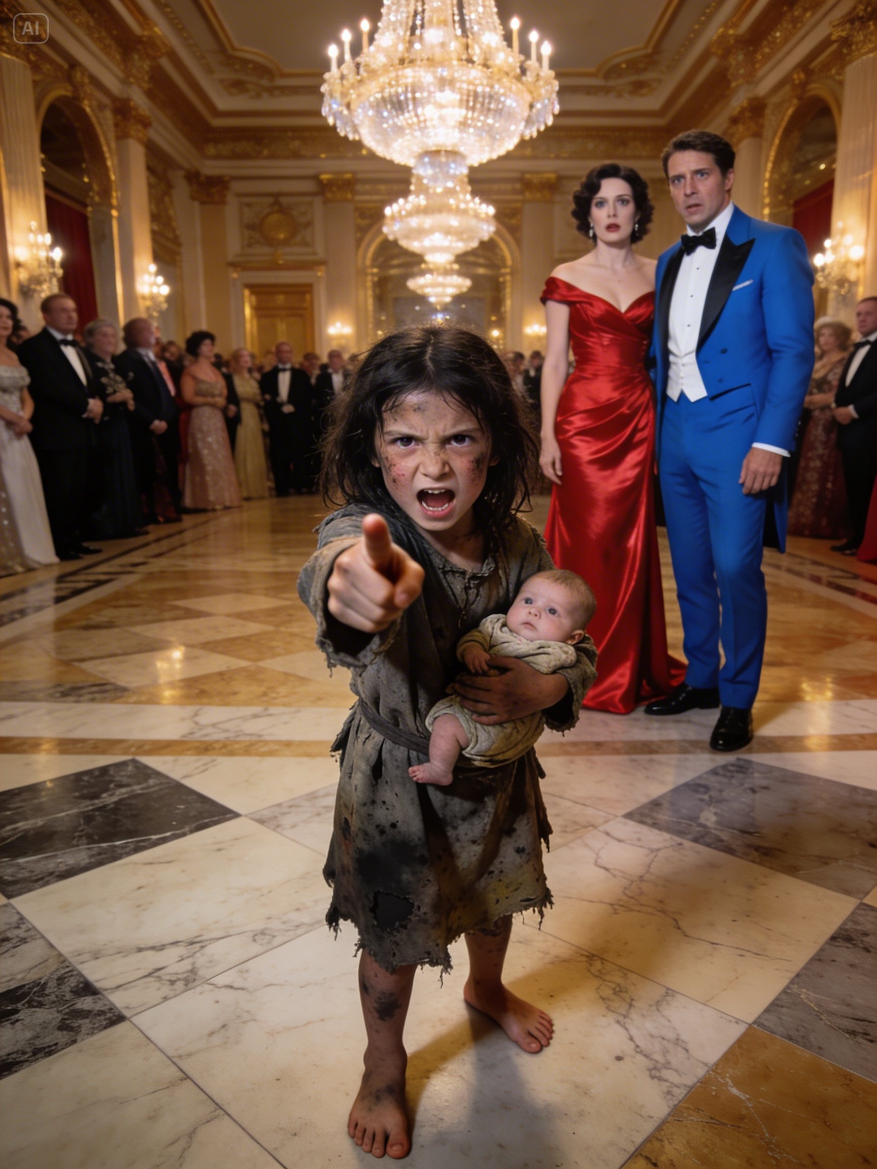 A billionaire was celebrating his engagement… until a homeless girl burst into the party with a baby in her arms and pointed at the bride, freezing the entire room in place…