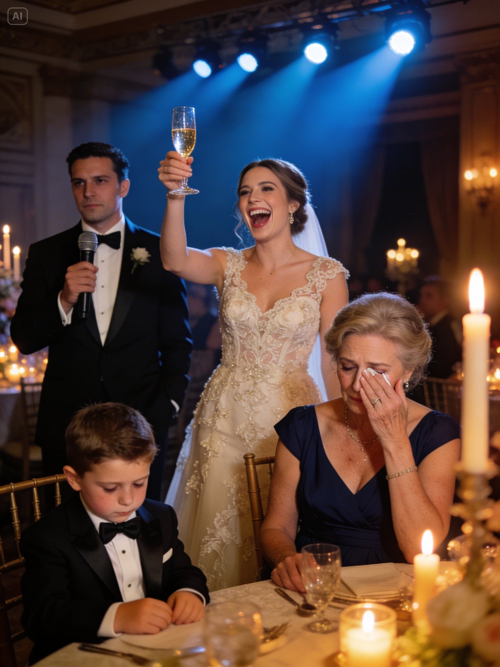 At my sister’s wedding, she “toasted” me as a single mom no one wanted—and my mom joined in, calling my son “defective.” The room roared with laughter… until the groom slowly stood up. When he took the mic, every smile in the ballroom died.