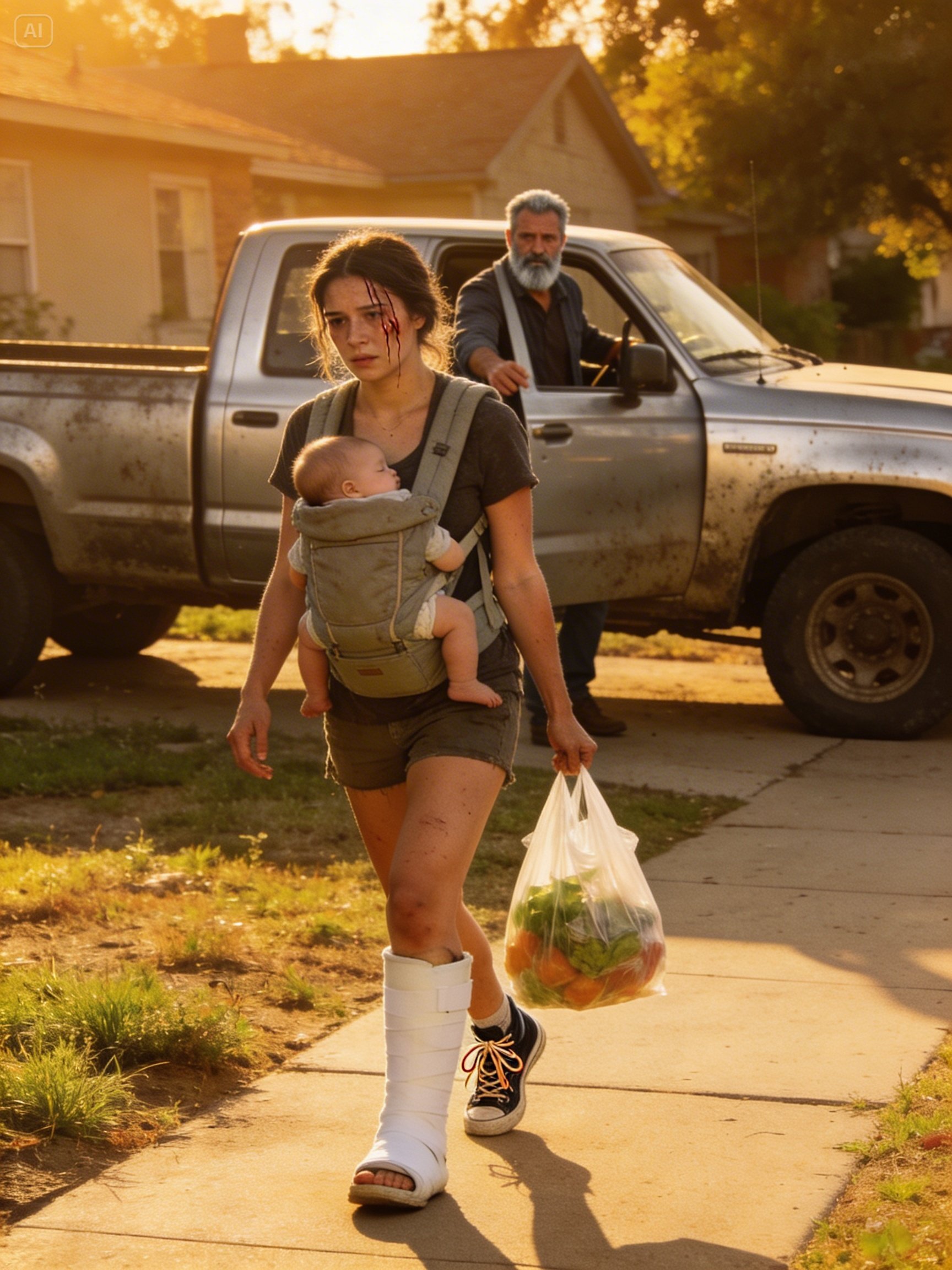 My dad saw me limping down the street with my baby and groceries and asked, “Where’s your car?” When I whispered, “His mom took it… said I’m lucky they let me stay,” Dad didn’t argue. He opened the door and said, “Get in. We’re fixing this tonight