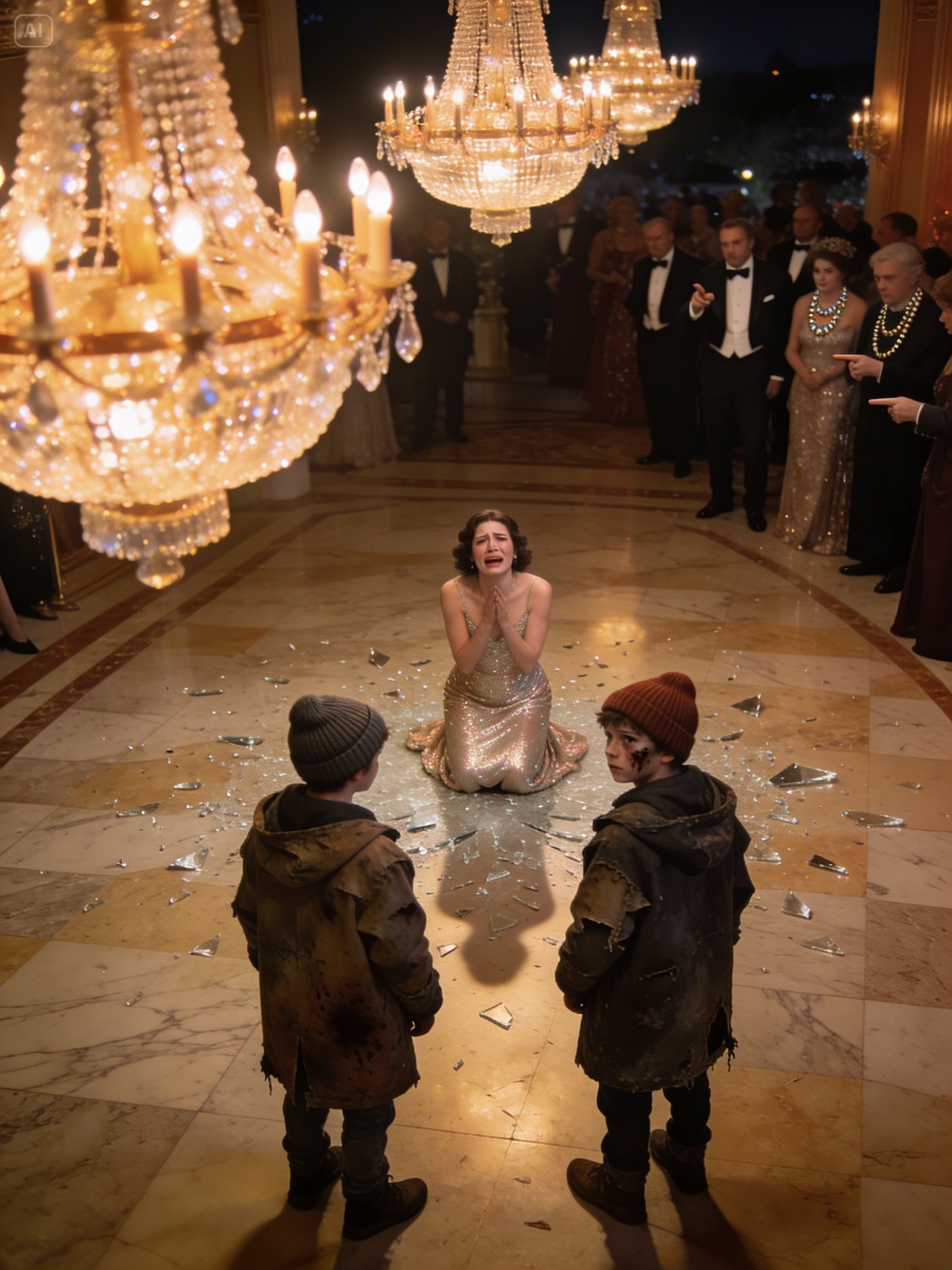 She appeared poised and powerful in a five-star restaurant, celebrating her privileged life—until two homeless twins approached her table asking for scraps. One look into their eyes mirrored the husband she buried years ago, unraveling a long-hidden secret she thought was gone forever.