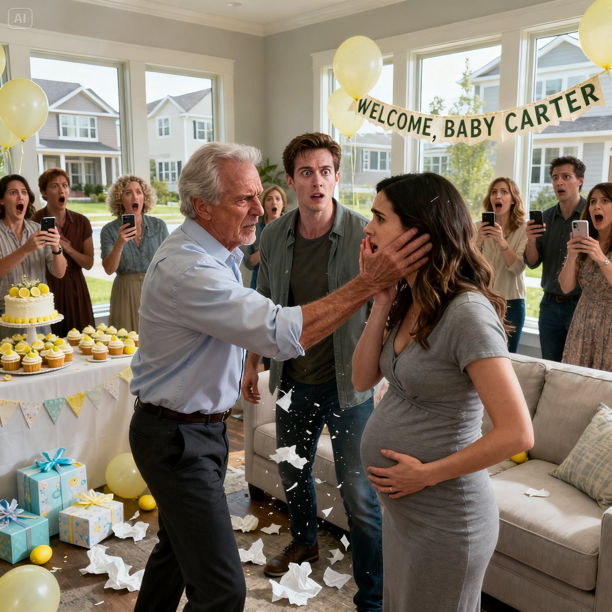 My father-in-law slapped me at the baby shower, calling me ‘defective.’ He didn’t know I was 11 weeks pregnant. The room went silent. Phones started recording. Hours later, I was in the ER. By morning, my husband had to make a choice — his father or his child.