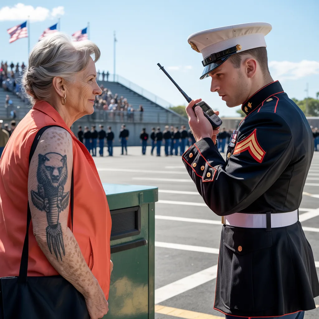 She Came to Watch Her Grandson Become a Marine — Until a Young Corporal Noticed the Tattoo on Her Arm and Froze the Entire Ceremony.
