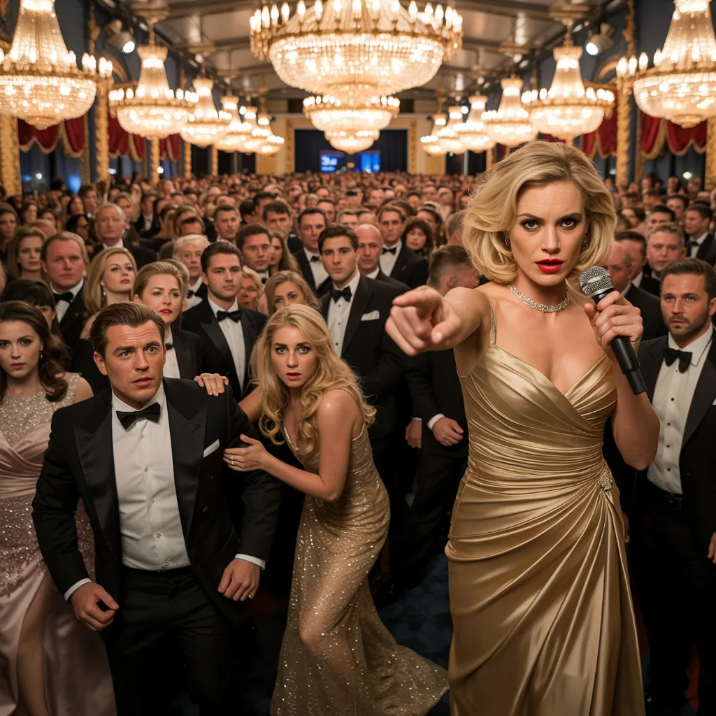 He brought his young “guest” to the charity gala, convinced his wife was home sick—until she walked in wearing gold, took the microphone, and called the mistress onstage in front of 300 people. In one calm speech, she turned his secret into a public spectacle… and the real reason she’d waited months to do it only surfaced after the applause stopped.