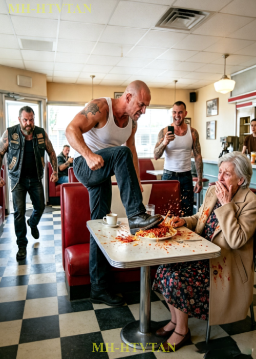 “Get Out!” Bullies Kicked Old Lady’s Food—Unaware Her Hells Angels Son Was Walking Up