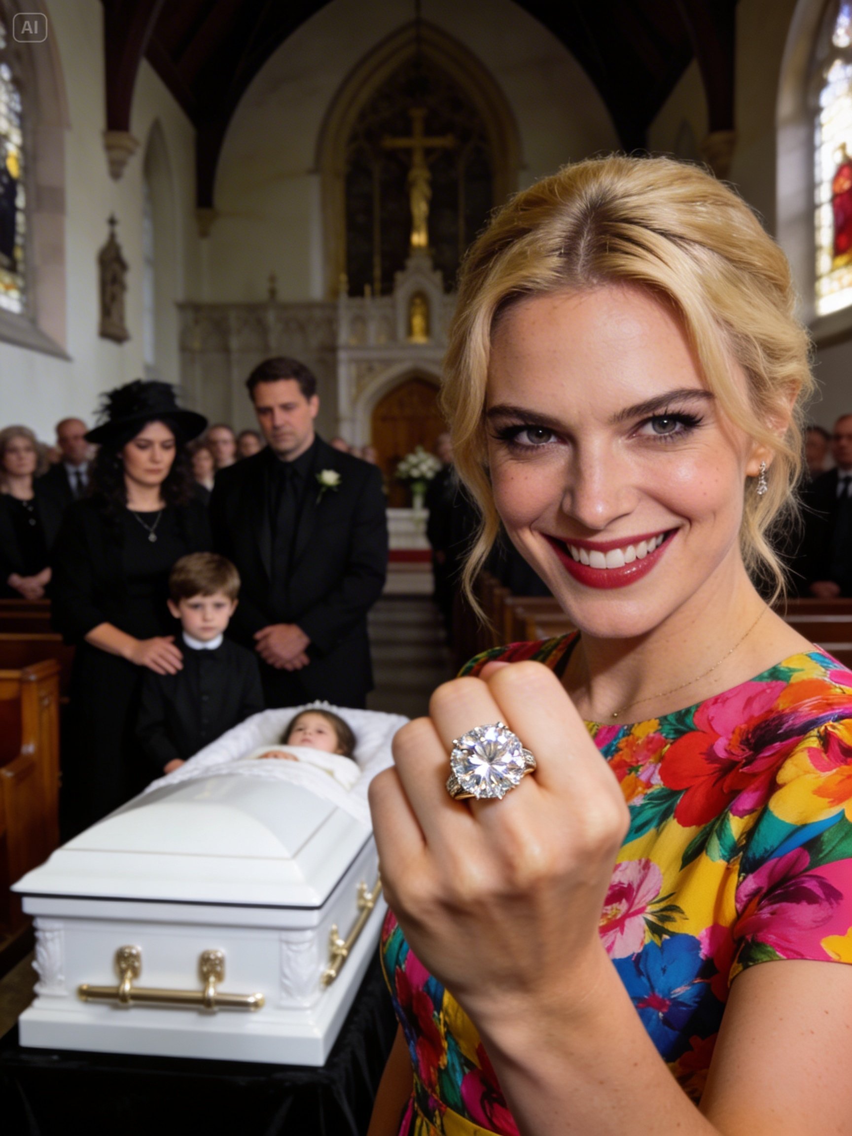 I thought the worst thing I’d ever endure was burying my little girl. Then my sister hijacked the funeral to flash a ring and preach about “choosing joy,” smiling over my child’s casket—until her own son’s voice cracked the room open with one sentence that made even the priest freeze.