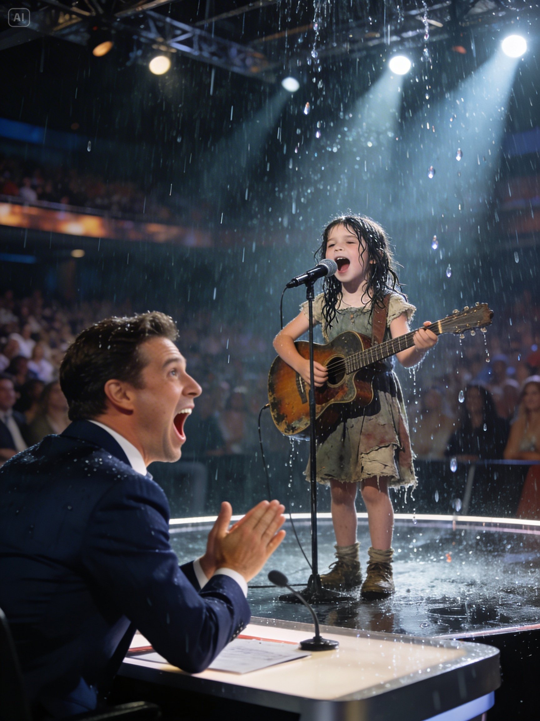 She sang in the rain to save her mother, not knowing that the millionaire judge in front of her was the father who had abandoned them… and when he recognized the lullaby he used to sing to them, he understood that fate had just presented him with the most painful debt of his life.
