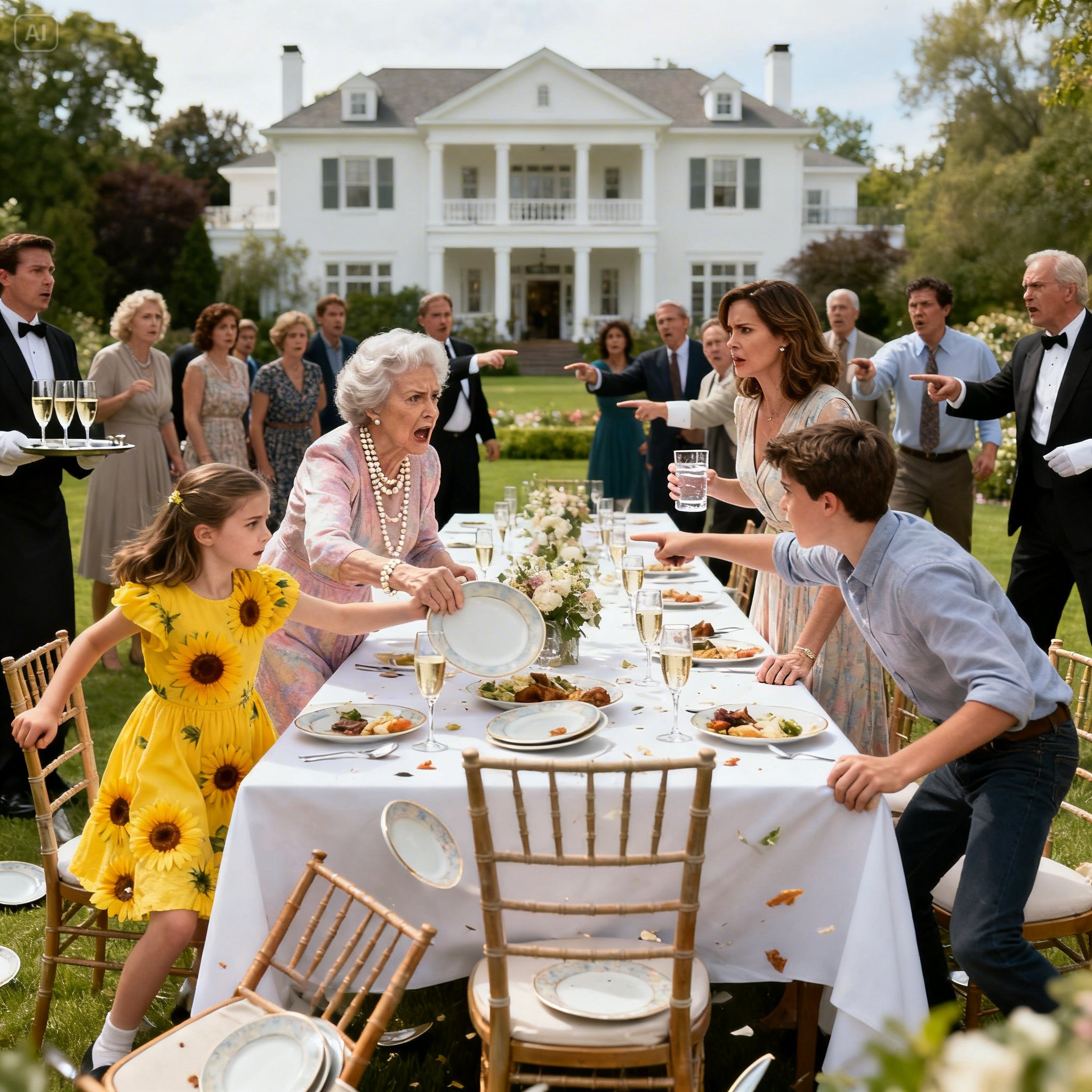 At my mother’s annual garden party, she snatched my eight-year-old daughter’s plate and said, “Adopted children eat in the kitchen.” Seventy-five relatives went d/ea/d silent. I took a slow sip of water and said nothing—until my teenage son stood up and asked, “Grandma, should I tell everyone who really owns this house?” By sunset, her “estate,” her reputation, and her seat at my table were all on the line—then my phone lit up with…