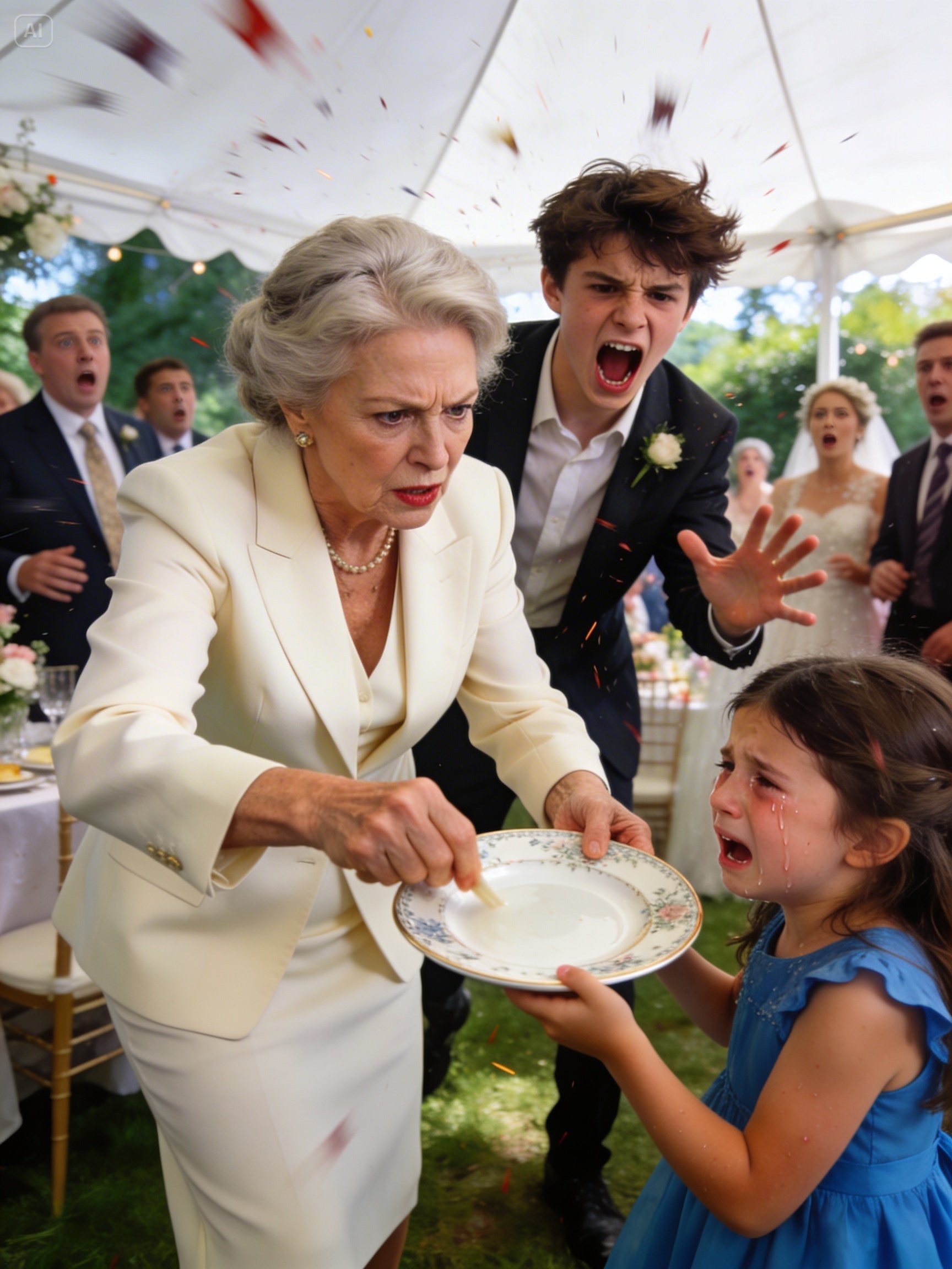 At my mother’s annual garden party, she snatched my eight-year-old daughter’s plate and said, “Adopted children eat in the kitchen.” Seventy-five relatives went dead silent. I took a slow sip of water and said nothing—until my teenage son stood up and asked, “Grandma, should I tell everyone who really owns this house?”