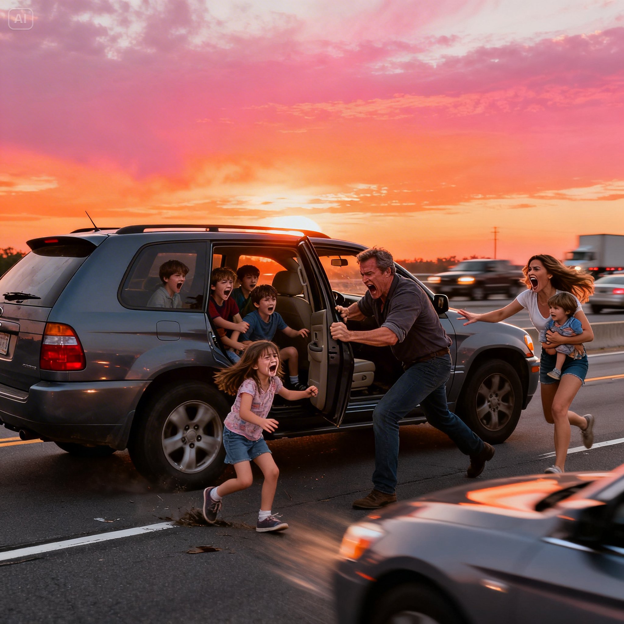All the kids were screaming in the car, laughing and fighting, when my father suddenly yelled, “Keep it down. I need to focus.” My mother tried to calm them, but no one listened. Furious, my dad slammed the brakes in the middle of the highway. Before I could react, he grabbed my seven-year-old daughter, dragged her out, and kicked her onto the road. I screamed, “What are you doing? She’s just a kid.” My sister rushed to grab her own children, and my parents said coldly, “Don’t worry, honey. We’d never do this to yours.” My sister snapped, “Stay away from me,” which only enraged them more. As my daughter ran toward me, my parents shoved us both onto the road and drove off. A car hit us moments later. When I woke up in the hospital, my husband was beside me. After hearing everything, he made sure my parents were left in absolute ruins.