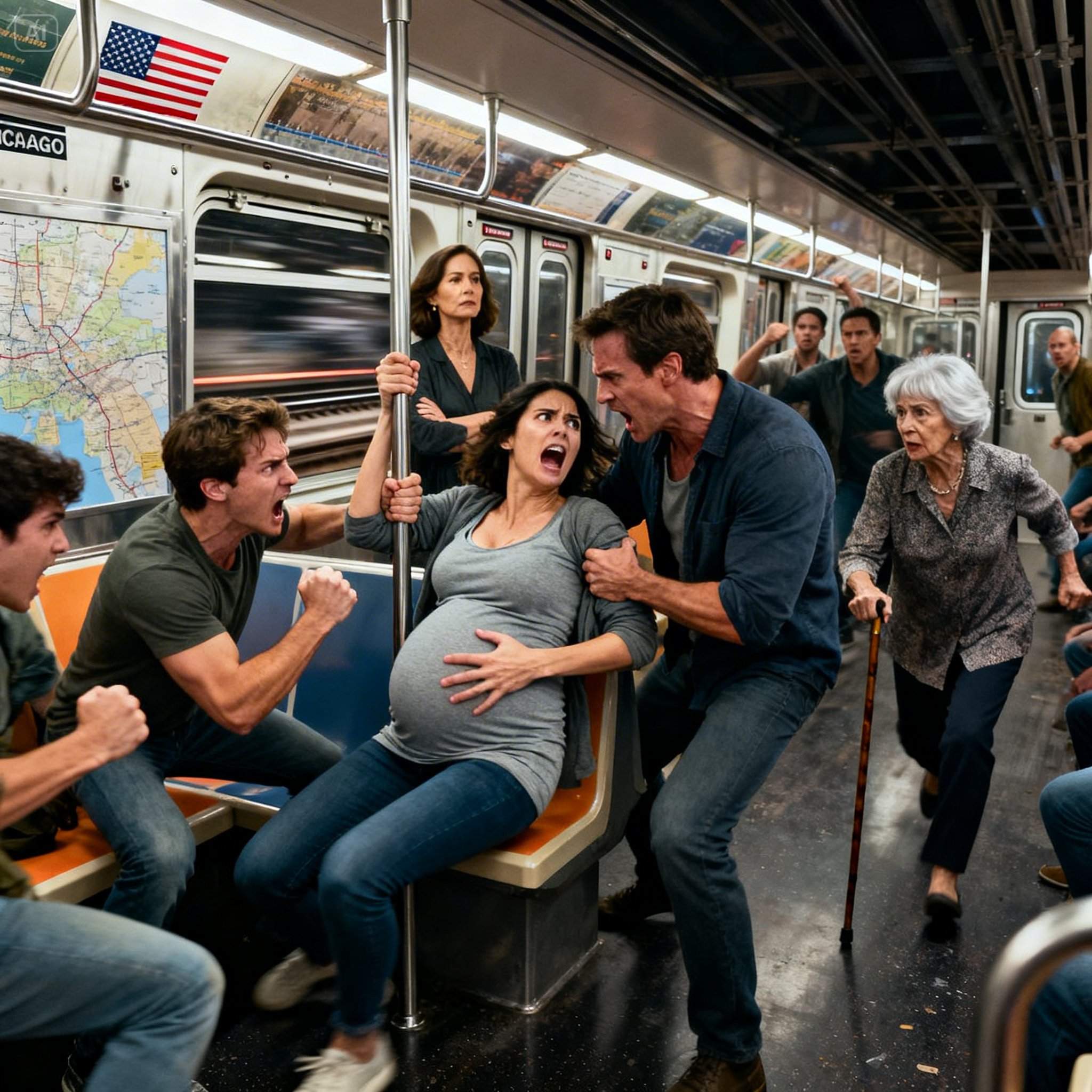 “DON’T YOU DARE SIT WHEN MY MOTHER IS STANDING!” MY HUSBAND YANKED ME OUT OF MY SEAT ON THE SUBWAY WHEN I WAS NINE MONTHS PREGNANT. THE PASSENGERS FELL SILENT, AND THEN AN OLD WOMAN SPOKE JUST THREE WORDS…