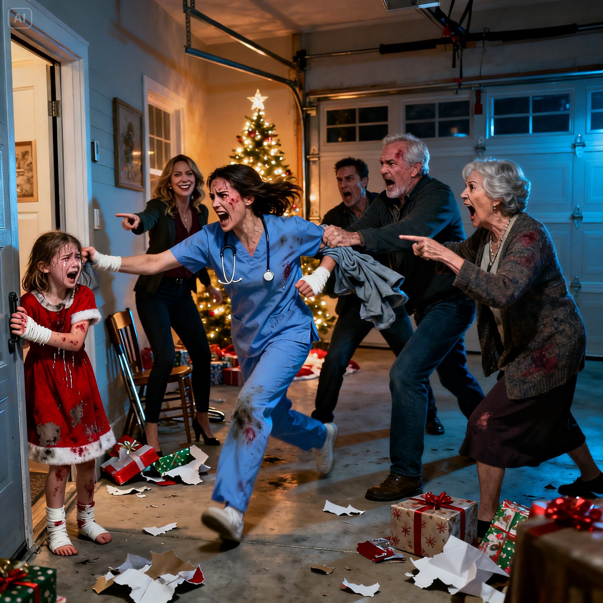 At Christmas, I was working a double shift in the ER. My parents and my sister told my six-year-old daughter, “No gift and no room for her at the table.” My mother gave her a brush, threw her in the garage, and told her, “If you want to eat, I want this spotless.” She could hear the kids laughing while she was crying heavily and scrubbing. Then, after five hours, she unlocked the door and threw biscuit crumbs and shouted, “Eat it before I give it to the dogs.”