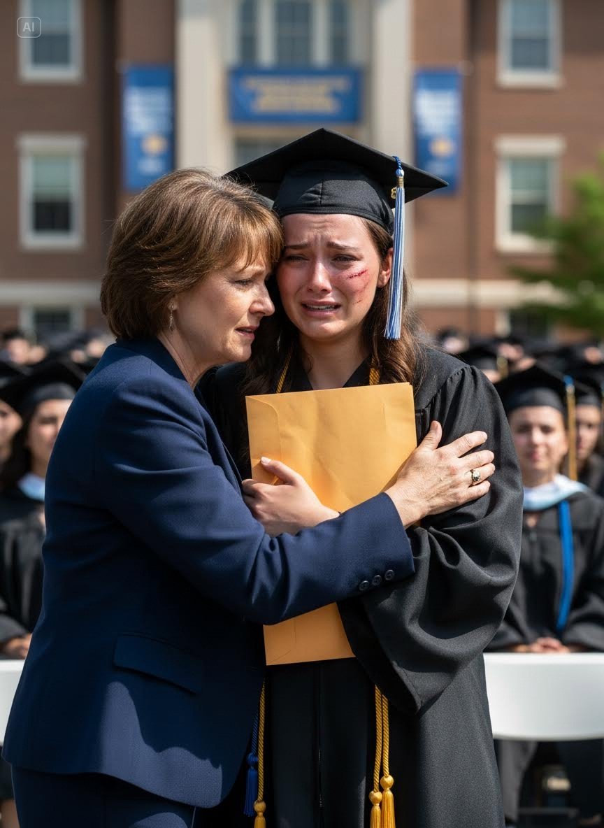At my graduation, my father suddenly announced he was cutting me out. “You’re not even my real daughter,” he said. The room fell silent. I walked to the podium, smiled, and said, “Since we’re revealing DNA secrets…” Then I opened the envelope — and his wife turned pale.