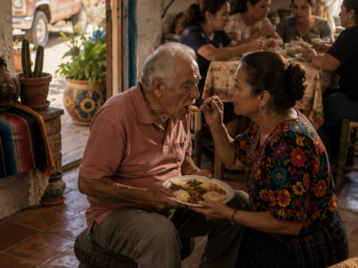 Sentaron a su esposo enfermo a comer en el piso de la cochera para no arruinar una comida de oración, creyendo que su temblor y su vergüenza podían esconderse lejos de las invitadas; pero cuando Mercedes descubrió lo que Julián había guardado en aquel plato frío, entendió que el hombre al que todos trataron como una carga seguía amándola en silencio, incluso después de escuchar la frase que le rompió el alma.