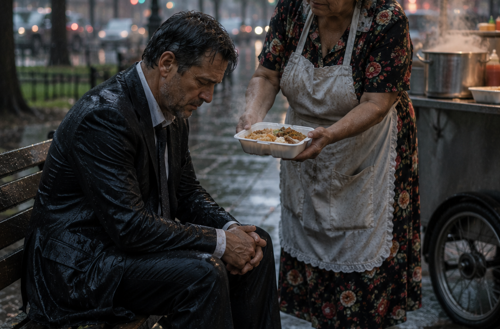 Cuando su esposa lo dejó en la ruina y todos lo señalaron como culpable, el empresario creyó que había perdido su fortuna, su familia y su nombre para siempre; pero la vendedora de comida que él ayudó 10 años antes apareció con un plato caliente, una vieja nota y la pista que revelaría quién había vaciado su empresa, mientras la traición de su propia esposa salía a la luz.