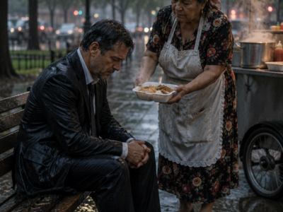 Cuando su esposa lo dejó en la ruina y todos lo señalaron como culpable, el empresario creyó que había perdido su fortuna, su familia y su nombre para siempre; pero la vendedora de comida que él ayudó 10 años antes apareció con un plato caliente, una vieja nota y la pista que revelaría quién había vaciado su empresa, mientras la traición de su propia esposa salía a la luz.